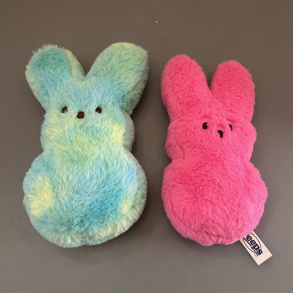 Peeps Pink and Multicolor Fuzzy Bunny Rabbit 8 Inch Plush Dan Dee Lot of 2